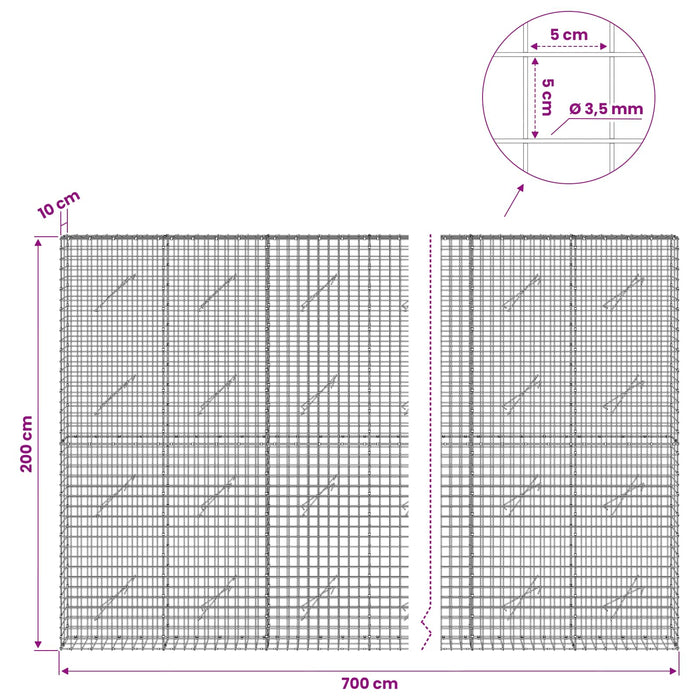 Gabion cu sârmă de 3,5 mm și plasă de 5x5 cm 700x10x200 cm WALTI