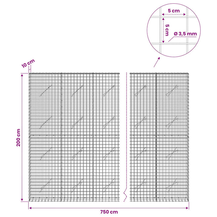 Gabion cu sârmă de 3,5 mm și plasă de 5x5 cm 750x10x200 cm WALTI