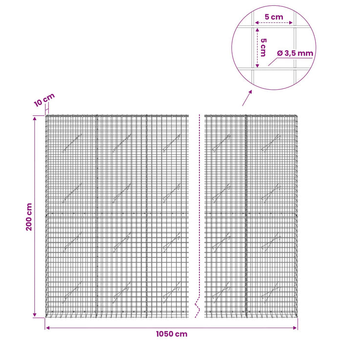 Gabion cu sârmă de 3,5 mm și plasă de 5x5 cm 1050x10x200 cm WALTI