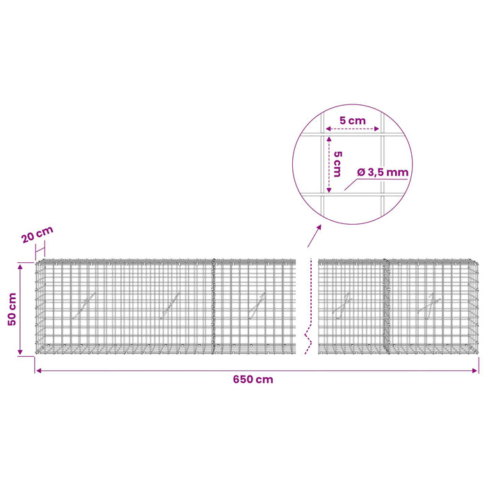Gabion cu sârmă de 3,5 mm și plasă de 5x5 cm 650x20x50 cm WALTI