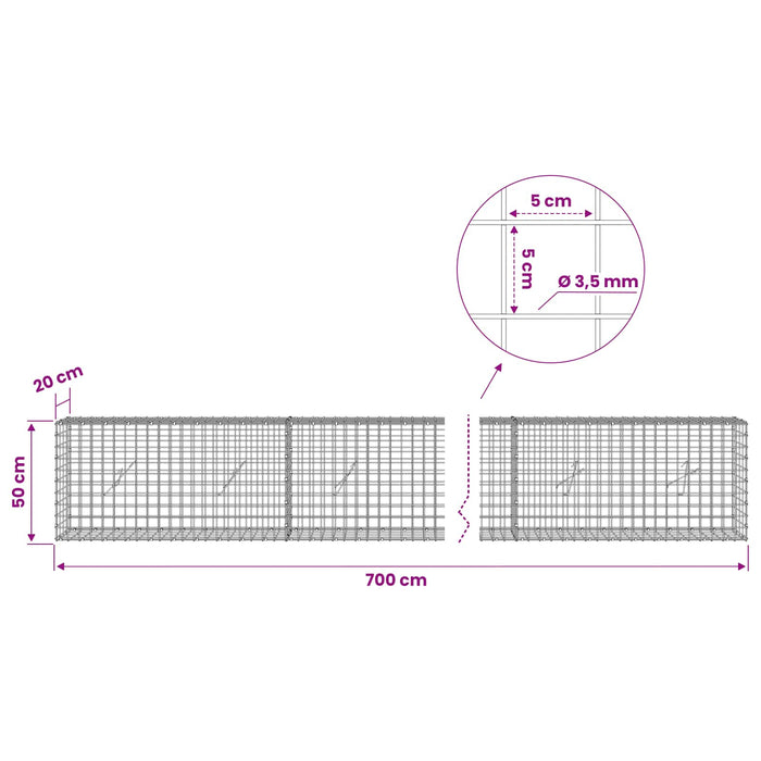 Gabion cu sârmă de 3,5 mm și plasă de 5x5 cm 700x20x50 cm WALTI