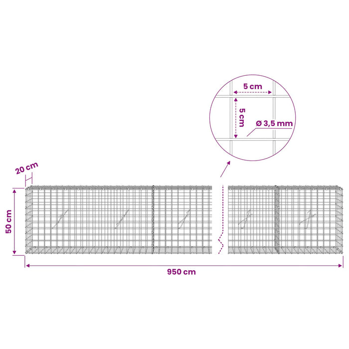 Gabion cu sârmă de 3,5 mm și plasă de 5x5 cm 950x20x50 cm WALTI