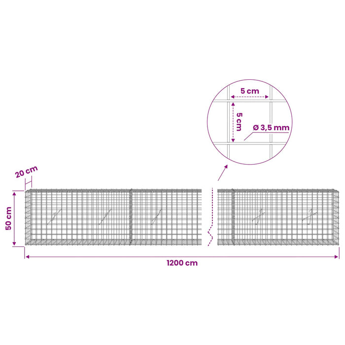 Gabion cu sârmă de 3,5 mm și plasă de 5x5 cm 1200x20x50 cm WALTI