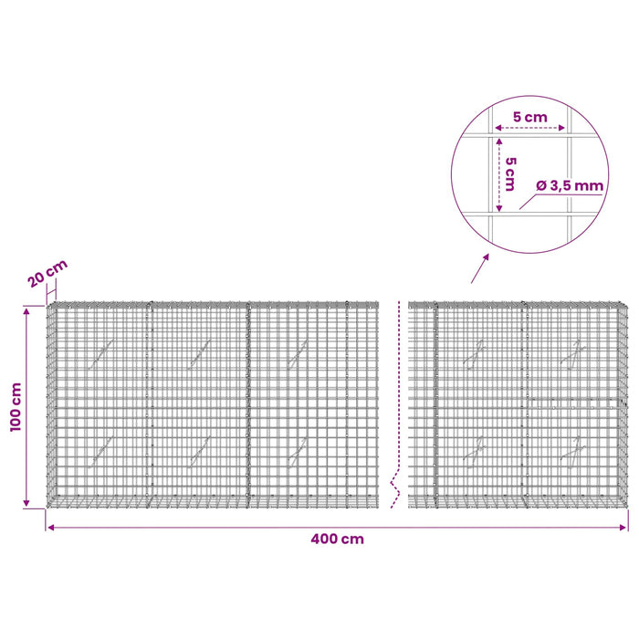Gabion cu sârmă de 3,5 mm și plasă de 5x5 cm 400x20x100 cm WALTI