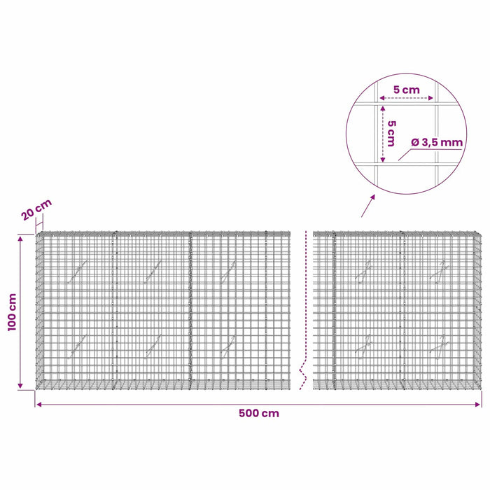 Gabion cu sârmă de 3,5 mm și plasă de 5x5 cm 500x20x100 cm WALTI