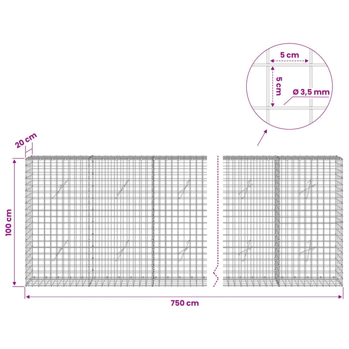 Gabion cu sârmă de 3,5 mm și plasă de 5x5 cm 750x20x100 cm WALTI