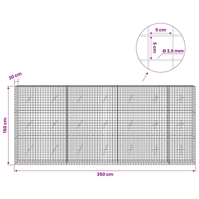 Gabion cu sârmă de 3,5 mm și plasă de 5x5 cm 350x20x150 cm WALTI
