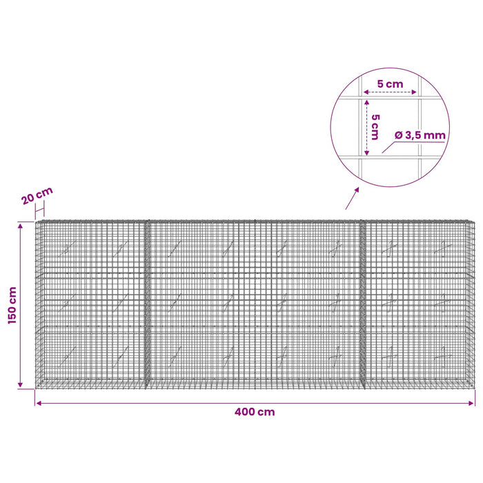 Gabion cu sârmă de 3,5 mm și plasă de 5x5 cm 400x20x150 cm WALTI