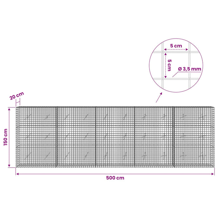 Gabion cu sârmă de 3,5 mm și plasă de 5x5 cm 500x20x150 cm WALTI