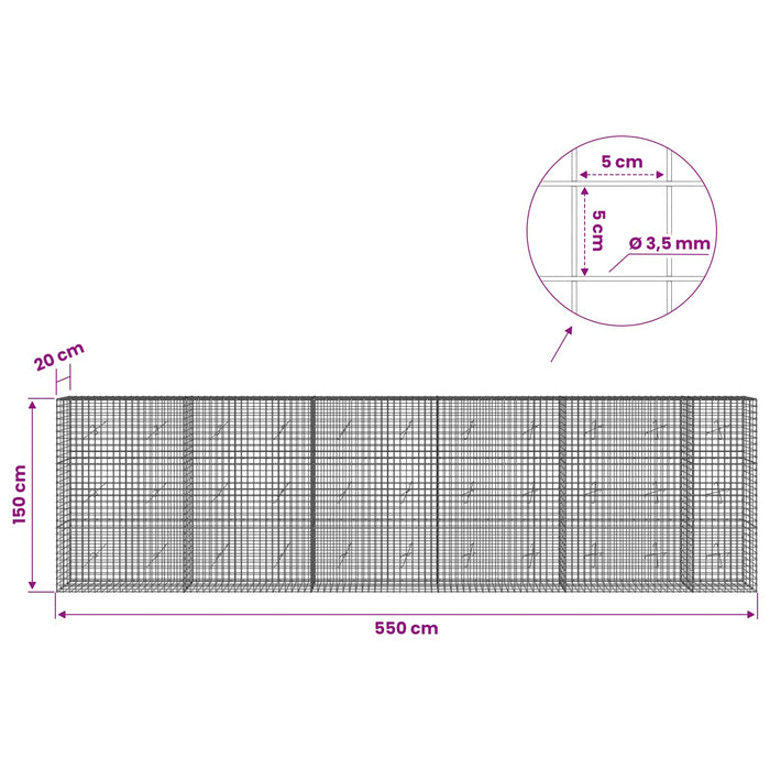 Gabion cu sârmă de 3,5 mm și plasă de 5x5 cm 550x20x150 cm WALTI