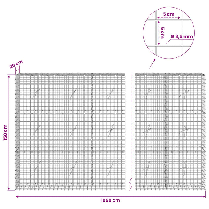 Gabion cu sârmă de 3,5 mm și plasă de 5x5 cm 1050x20x150 cm WALTI