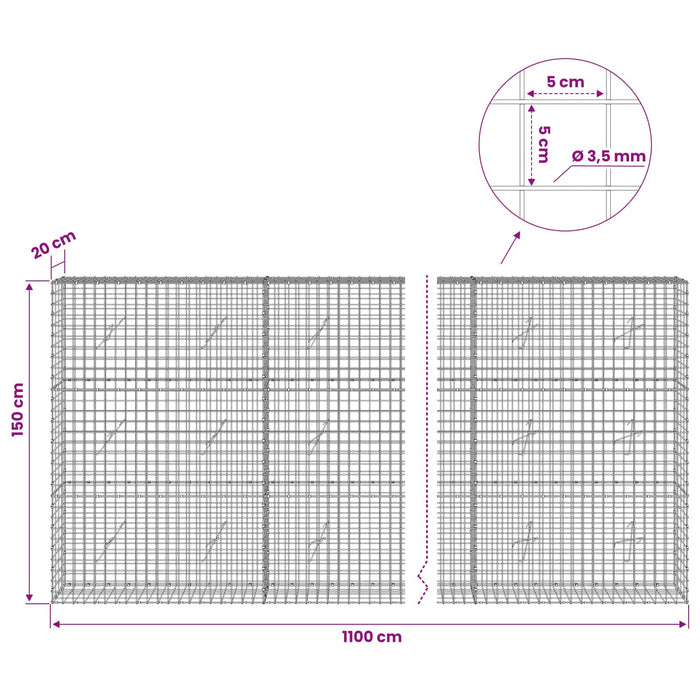 Gabion cu sârmă de 3,5 mm și plasă de 5x5 cm 1100x20x150 cm WALTI