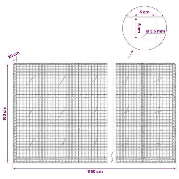 Gabion cu sârmă de 3,5 mm și plasă de 5x5 cm 1150x20x150 cm WALTI
