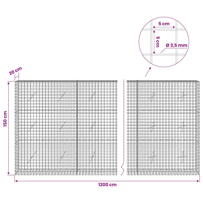 Gabion cu sârmă de 3,5 mm și plasă de 5x5 cm 1200x20x150 cm WALTI