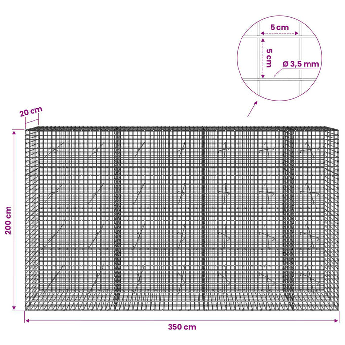 Gabion cu sârmă de 3,5 mm și plasă de 5x5 cm 350x20x200 cm WALTI