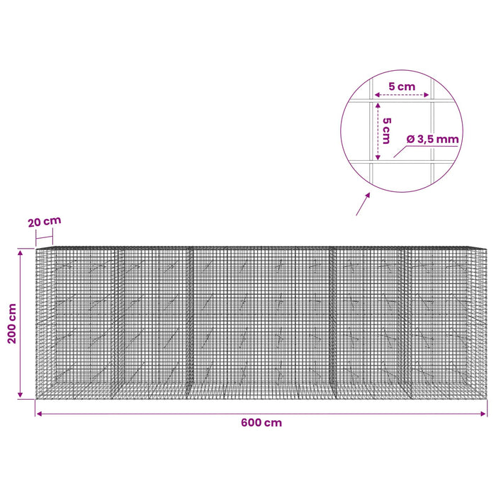 Gabion cu sârmă de 3,5 mm și plasă de 5x5 cm 600x20x200 cm WALTI