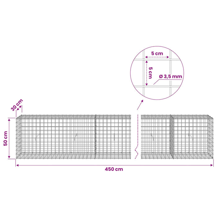 Gabion cu sârmă de 3,5 mm și plasă de 5x5 cm 450x30x50 cm WALTI