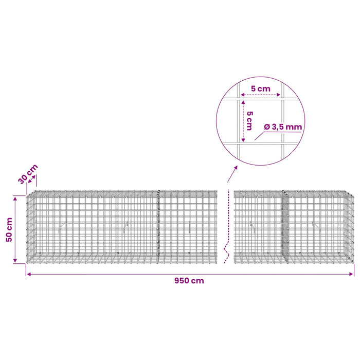 Gabion cu sârmă de 3,5 mm și plasă de 5x5 cm 950x30x50 cm WALTI