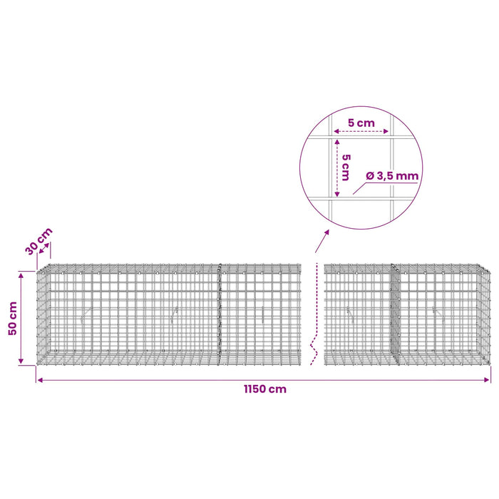 Gabion cu sârmă de 3,5 mm și plasă de 5x5 cm 1150x30x50 cm WALTI