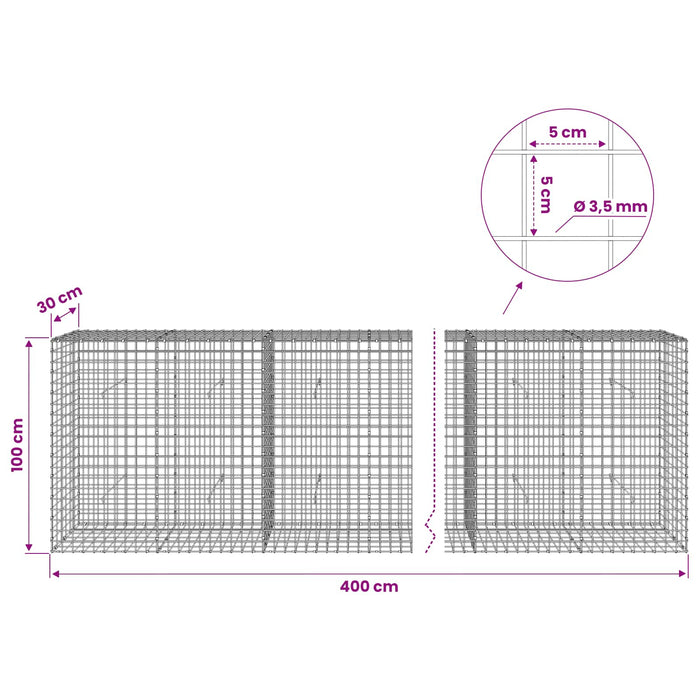 Gabion cu sârmă de 3,5 mm și plasă de 5x5 cm 400x30x100 cm WALTI