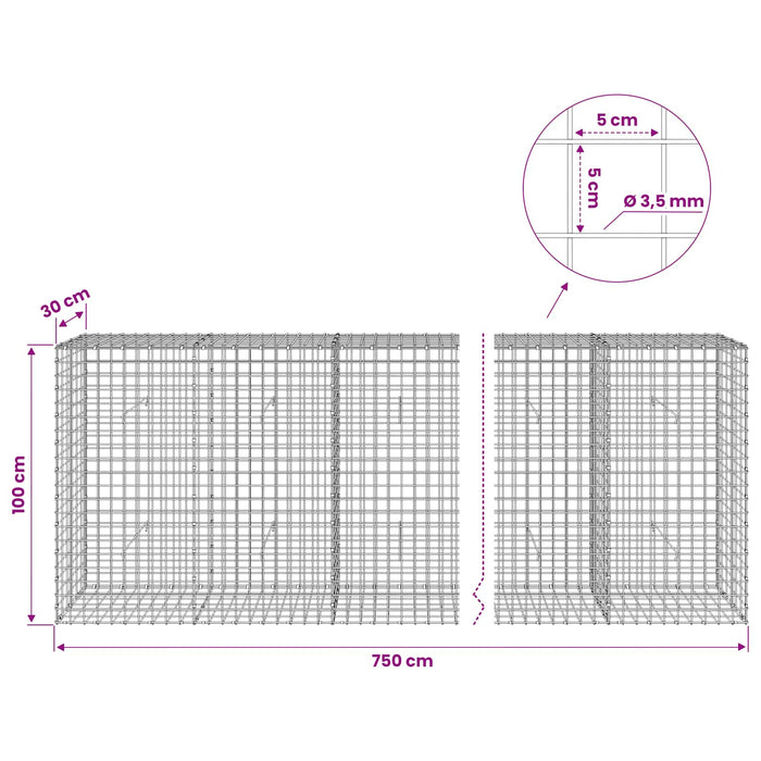 Gabion cu sârmă de 3,5 mm și plasă de 5x5 cm 750x30x100 cm WALTI