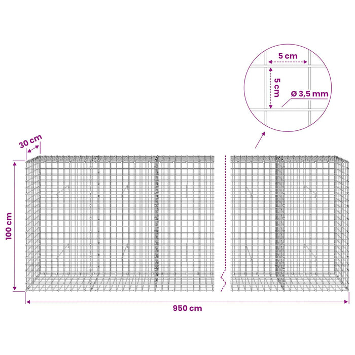 Gabion cu sârmă de 3,5 mm și plasă de 5x5 cm 950x30x100 cm WALTI