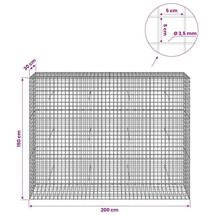 Gabion cu sârmă de 3,5 mm și plasă de 5x5 cm 200x30x150 cm WALTI