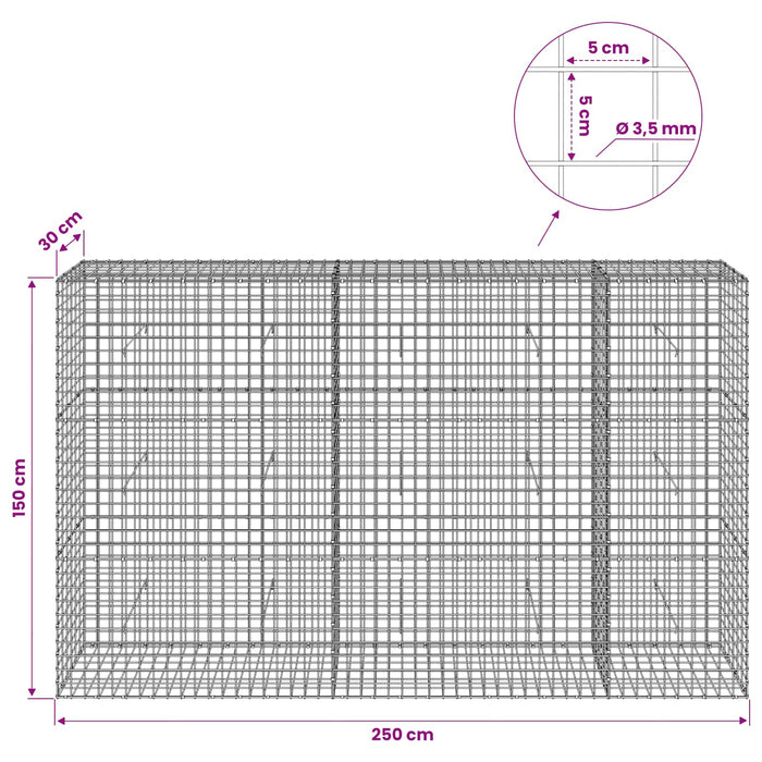 Gabion cu sârmă de 3,5 mm și plasă de 5x5 cm 250x30x150 cm WALTI