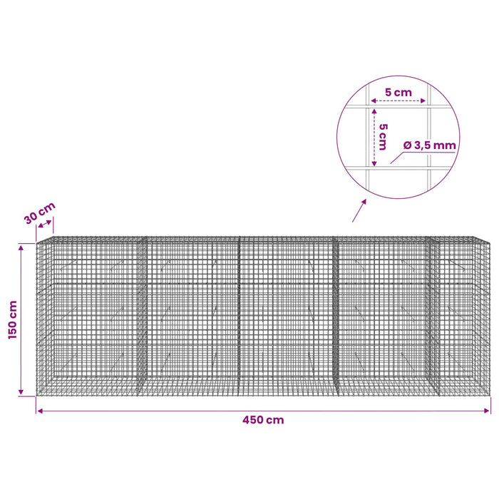 Gabion cu sârmă de 3,5 mm și plasă de 5x5 cm 450x30x150 cm WALTI
