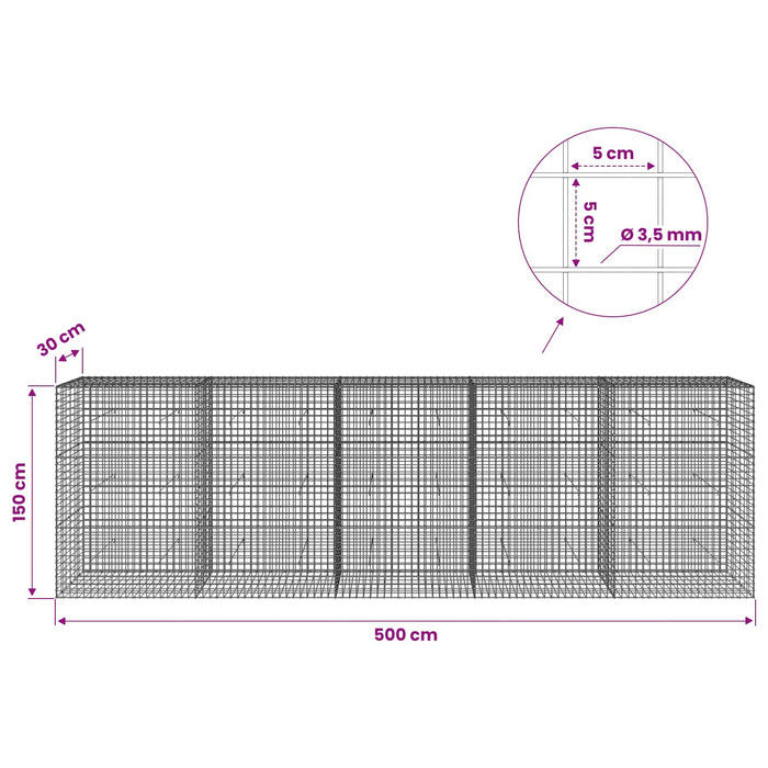 Gabion cu sârmă de 3,5 mm și plasă de 5x5 cm 500x30x150 cm WALTI