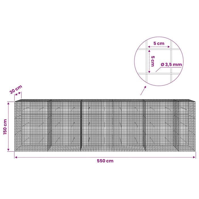 Gabion cu sârmă de 3,5 mm și plasă de 5x5 cm 550x30x150 cm WALTI
