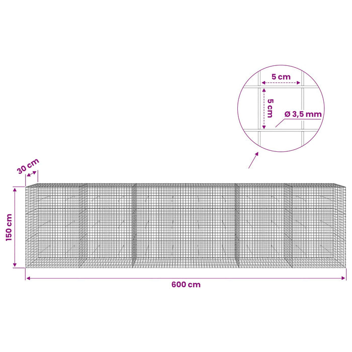 Gabion cu sârmă de 3,5 mm și plasă de 5x5 cm 600x30x150 cm WALTI