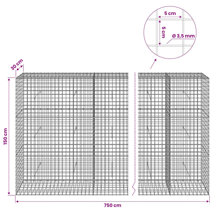Gabion cu sârmă de 3,5 mm și plasă de 5x5 cm 750x30x150 cm WALTI