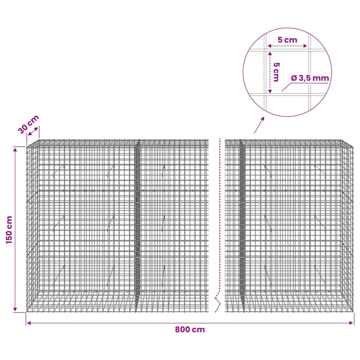 Gabion cu sârmă de 3,5 mm și plasă de 5x5 cm 800x30x150 cm WALTI