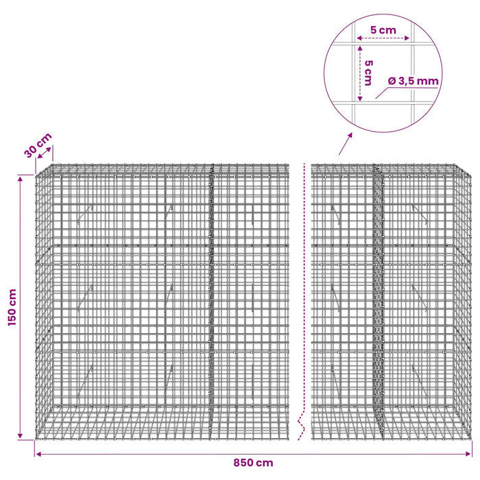 Gabion cu sârmă de 3,5 mm și plasă de 5x5 cm 850x30x150 cm WALTI