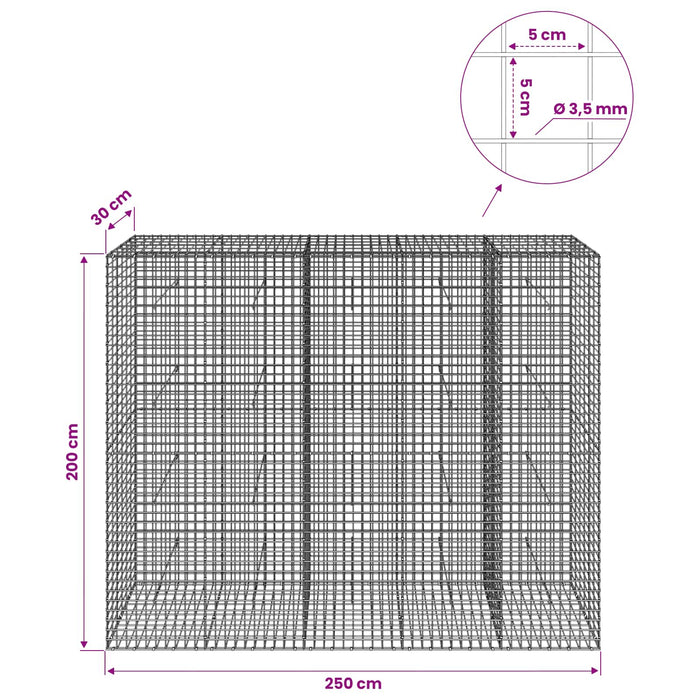 Gabion cu sârmă de 3,5 mm și plasă de 5x5 cm 250x30x200 cm WALTI