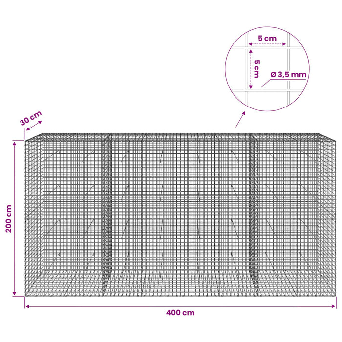 Gabion cu sârmă de 3,5 mm și plasă de 5x5 cm 400x30x200 cm WALTI