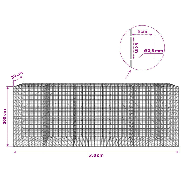 Gabion cu sârmă de 3,5 mm și plasă de 5x5 cm 550x30x200 cm WALTI
