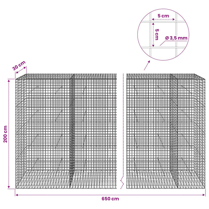 Gabion cu sârmă de 3,5 mm și plasă de 5x5 cm 650x30x200 cm WALTI