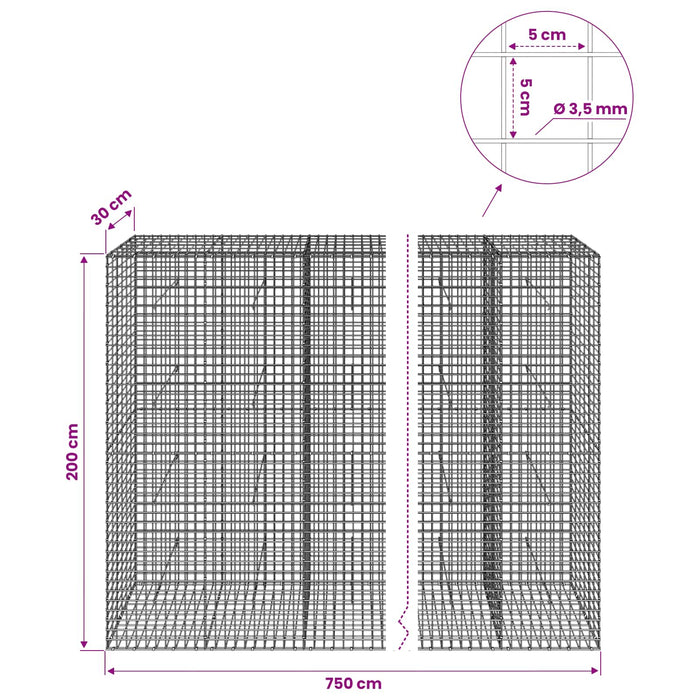 Gabion cu sârmă de 3,5 mm și plasă de 5x5 cm 750x30x200 cm WALTI