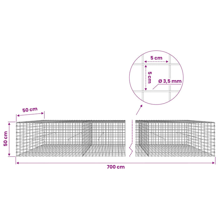 Gabion cu sârmă de 3,5 mm și plasă de 5x5 cm 700x50x50 cm WALTI