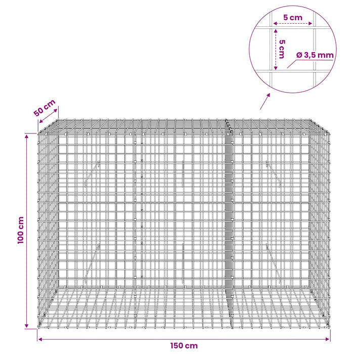 Gabion cu sârmă de 3,5 mm și plasă de 5x5 cm 150x50x100 cm WALTI