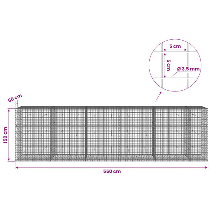 Gabion cu sârmă de 3,5 mm și plasă de 5x5 cm 550x50x150 cm - WALTI WALTI