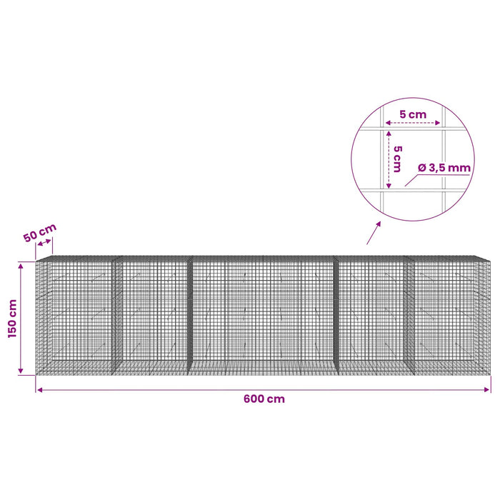 Gabion cu sârmă de 3,5 mm și plasă de 5x5 cm 600x50x150 cm WALTI