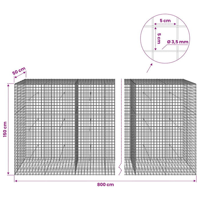 Gabion cu sârmă de 3,5 mm și plasă de 5x5 cm 800x50x150 cm WALTI
