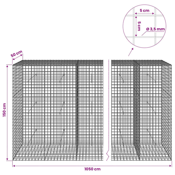 Gabion cu sârmă de 3,5 mm și plasă de 5x5 cm 1050x50x150 cm WALTI