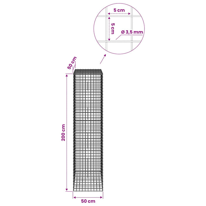 Gabion cu sârmă de 3,5 mm și plasă de 5x5 cm 50x50x200 cm WALTI