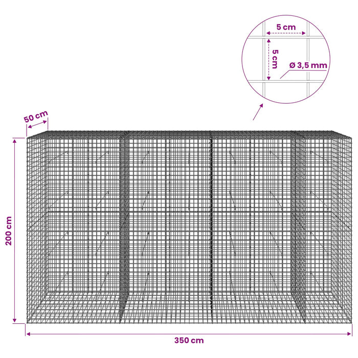 Gabion cu sârmă de 3,5 mm și plasă de 5x5 cm 350x50x200 cm WALTI