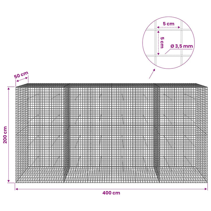 Gabion cu sârmă de 3,5 mm și plasă de 5x5 cm 400x50x200 cm WALTI