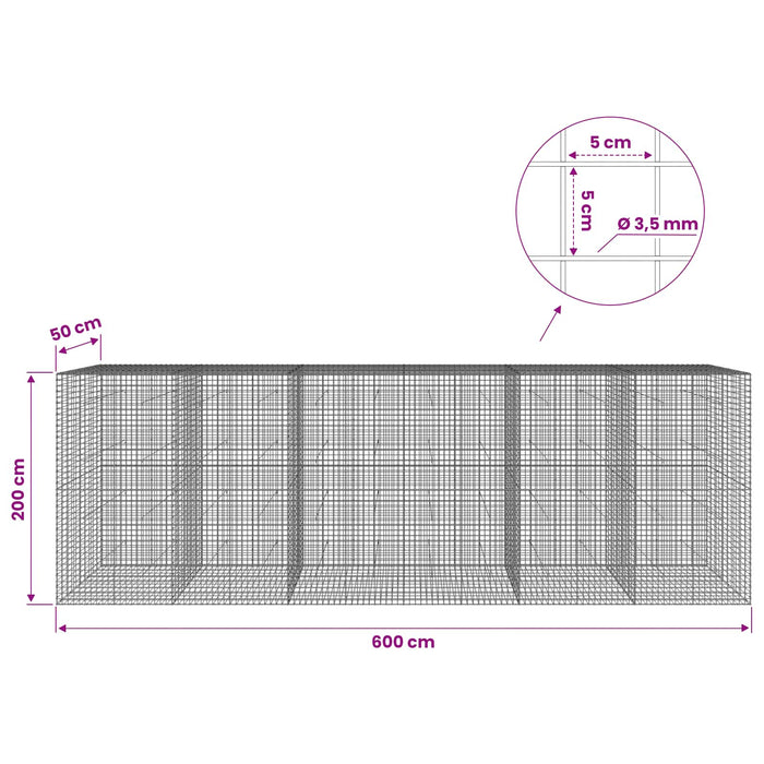 Gabion cu sârmă de 3,5 mm și plasă de 5x5 cm 600x50x200 cm WALTI